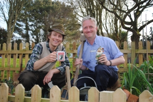 Mr Bloom visits the World War Zoo Dig For Victory wartime garden at Newquay Zoo, 2 April 2012 with project manager Mark Norris. 