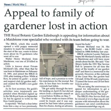 Royal Botanic Gardens Edinburgh search for Walter Morland's relatives, Maidstone Downs Mail September 2014 